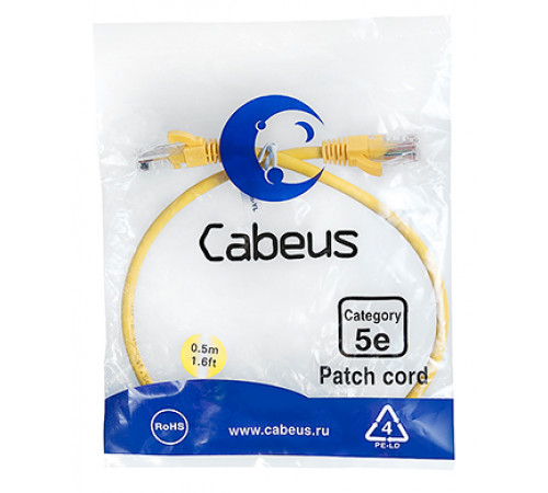 Cabeus PC-UTP-RJ45-Cat.5e-0.5m-YL-LSZH Патч-корд U/UTP, категория 5е, 2xRJ45/8p8c, неэкранированный, желтый, LSZH, 0.5м