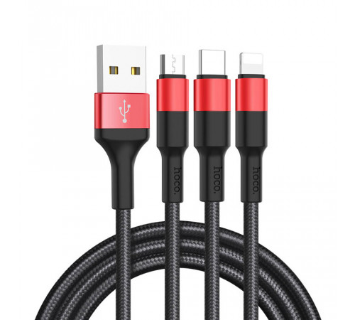 Кабель USB HOCO X26 Xpress 3 в 1 для Lightning, Micro USB, Type-C, 2.0A, 1 м, черный с красным