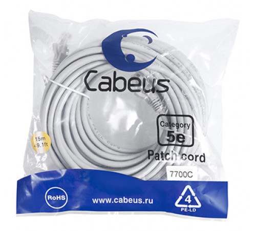 Cabeus PC-UTP-RJ45-Cat.5e-15m Патч-корд U/UTP, категория 5е, 2xRJ45/8p8c, неэкранированный, серый, PVC, 15м