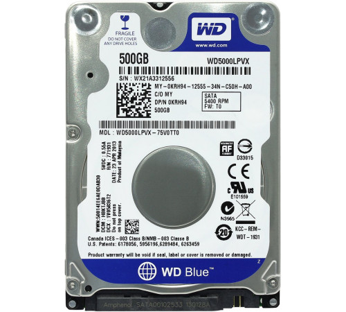 Жесткий диск HDD, 2.5", 500 Гб, SATA III, Western Digital, WD Blue, 8 Мб, 5400 rpm, WD5000LPVX