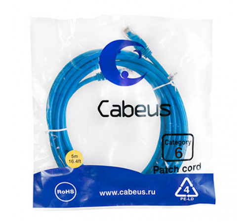 Cabeus PC-UTP-RJ45-Cat.6-5m-BL Патч-корд U/UTP, категория 6, 2xRJ45/8p8c, неэкранированный, синий, PVC, 5м