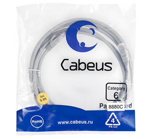 Cabeus PC-UTP-RJ45-Cat.6-3m-LSZH Патч-корд U/UTP, категория 6, 2xRJ45/8p8c, неэкранированный, серый, LSZH, 3м