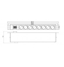 SHT19-8SH-S-IEC Блок розеток для 19" шкафов, горизонтальный, с выключателем с подсветкой, 8 розеток Schuko (10A), вилка IEC320 C14 на тыльной стороне,