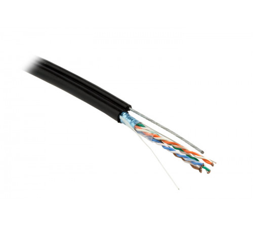 FUTP4-C5E-S24-SW-OUT-PE-BK-500 (500м) Кабель витая пара F/UTP, кат.5e, 4 пары(24 AWG), одножильн.(solid),экран-фольга, с металл.тросом,внешний, PE,-40