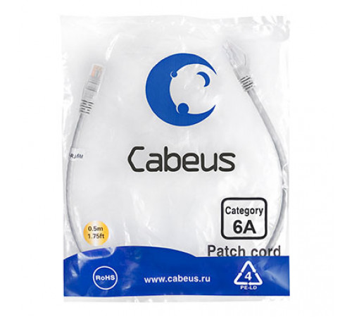 Cabeus PC-UTP-RJ45-Cat.6a-0.5m-LSZH Патч-корд U/UTP, категория 6а (10G), 2xRJ45/8p8c, неэкранированный, серый, LSZH, 0.5м