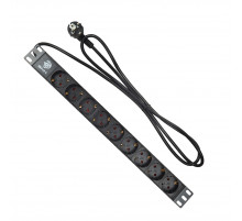 Блок силовых розеток BNH, 19", неуправляемый, Shuko х 9, вход Schuko, для шкафов и стоек, шнур 2 м, 1U, 45х490х45 мм (ВхШхГ), 16А, чёрный