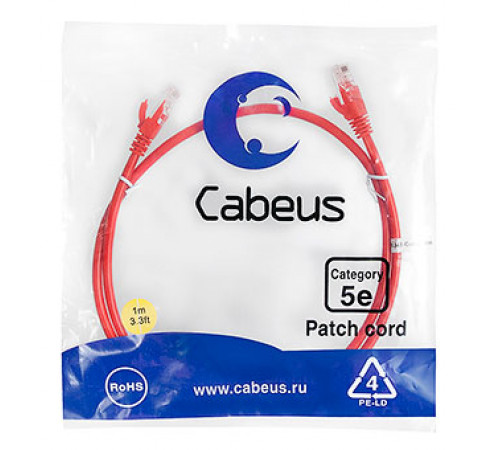 Cabeus PC-UTP-RJ45-Cat.5e-1m-RD Патч-корд U/UTP, категория 5е, 2xRJ45/8p8c, неэкранированный, красный, PVC, 1м