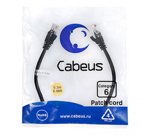 Cabeus PC-UTP-RJ45-Cat.6-0.3m-BK Патч-корд U/UTP, категория 6, 2xRJ45/8p8c, неэкранированный, черный, PVC, 0.3м