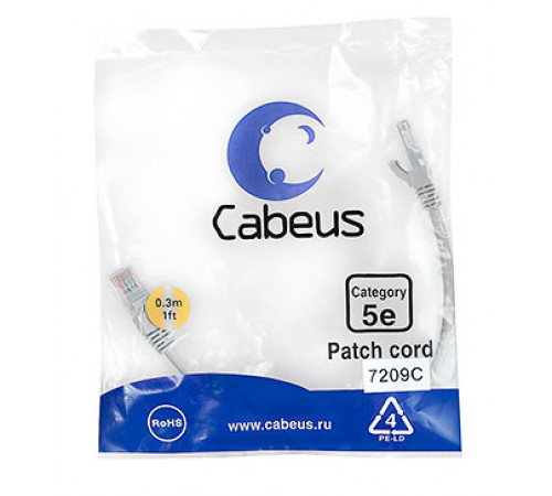 Cabeus PC-UTP-RJ45-Cat.5e-0.3m Патч-корд U/UTP, категория 5е, 2xRJ45/8p8c, неэкранированный, серый, PVC, 0.3м