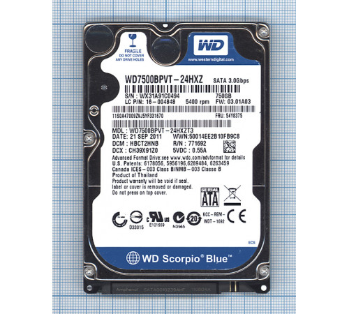 Жесткий диск WD Scorpio Blue 2.5,750GB,Sata 3