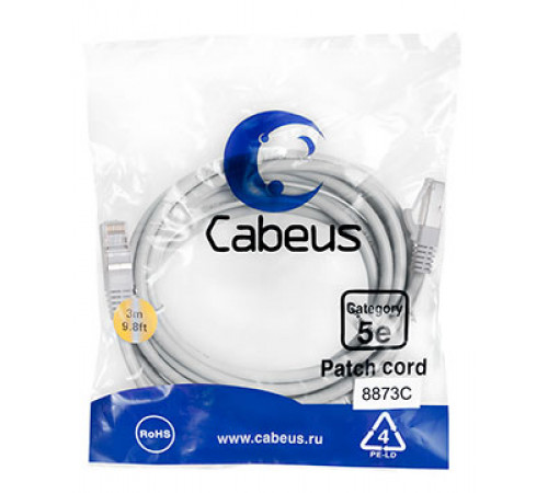 Cabeus PC-FTP-RJ45-Cat.5e-3m-LSZH Патч-корд F/UTP, категория 5е, 2xRJ45/8p8c, экранированный, серый, LSZH, 3м