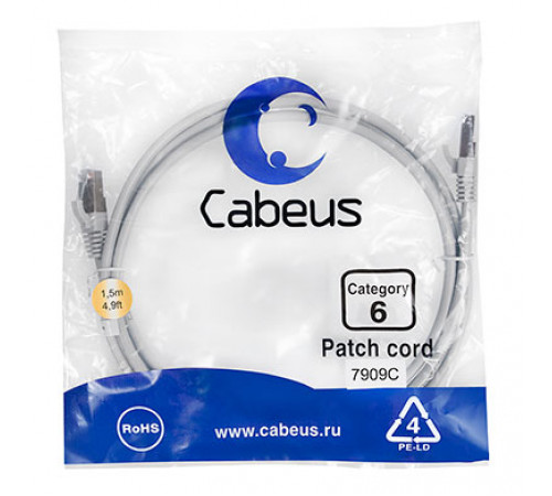 Cabeus PC-FTP-RJ45-Cat.6-1.5m-LSZH Патч-корд F/UTP, категория 6, 2xRJ45/8p8c, экранированный, серый, LSZH, 1.5м