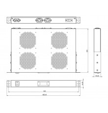 TRFA-MICR-4F-RAL7035 Модуль вентиляторный 19';, 1U, глубиной 290мм, с термостатом и 4-я вентиляторами, номинальная мощность 70.40 Вт, датчик температу