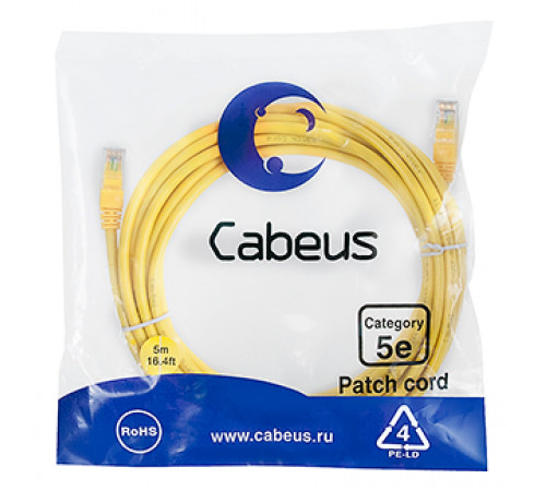 Cabeus PC-UTP-RJ45-Cat.5e-5m-YL Патч-корд U/UTP, категория 5е, 2xRJ45/8p8c, неэкранированный, желтый, PVC, 5м