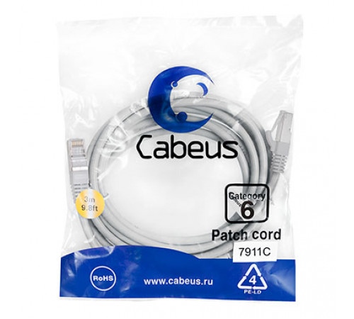 Cabeus PC-FTP-RJ45-Cat.6-3m-LSZH Патч-корд F/UTP, категория 6, 2xRJ45/8p8c, экранированный, серый, LSZH, 3м