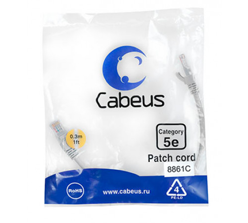 Cabeus PC-UTP-RJ45-Cat.5e-0.3m-LSZH Патч-корд U/UTP, категория 5е, 2xRJ45/8p8c, неэкранированный, серый, LSZH, 0.3м