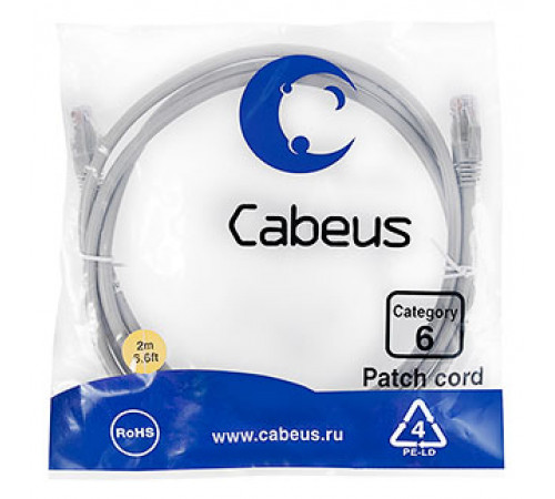 Cabeus PC-UTP-RJ45-Cat.6-2m Патч-корд U/UTP, категория 6, 2xRJ45/8p8c, неэкранированный, серый, PVC, 2м